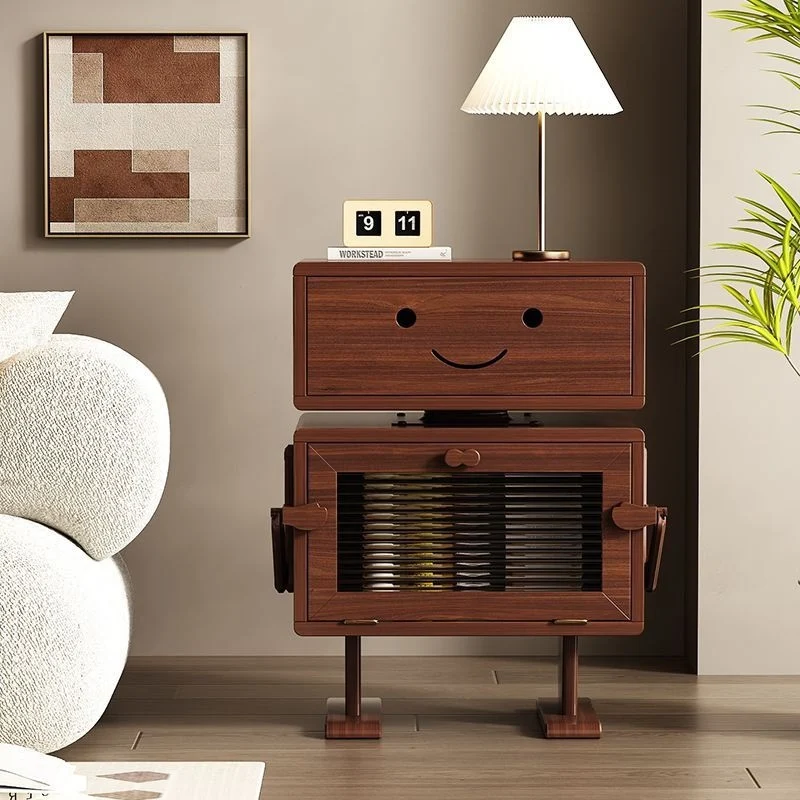 Contemporary Creative Red Oak Wood Glass Metal Robot Side Table Nightstand With Rotating Head For Bedroom