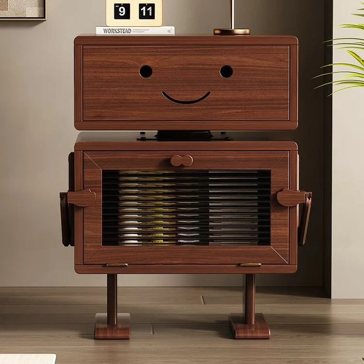 Contemporary Creative Red Oak Wood Glass Metal Robot Side Table Nightstand With Rotating Head For Bedroom