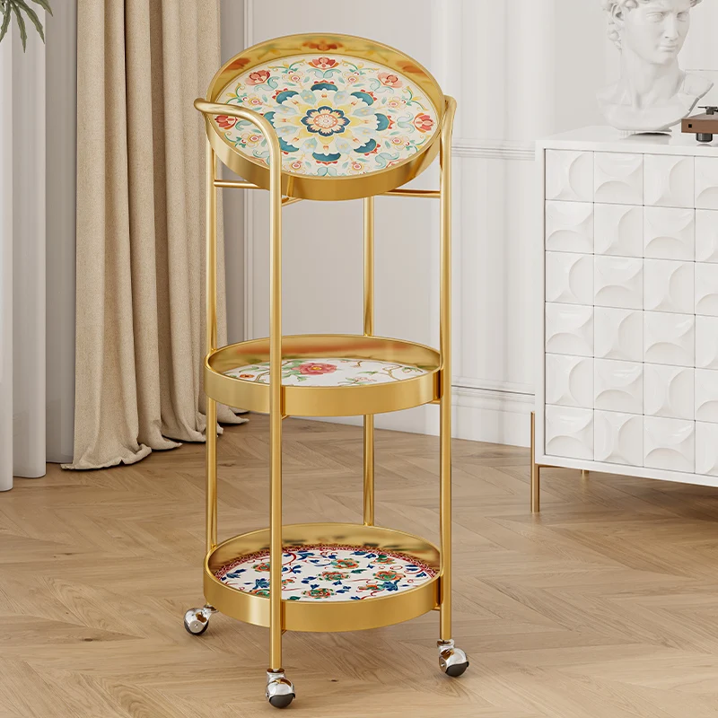 Contemporary Retro Iron Round Patterned Side Table With Wheels For Living Room