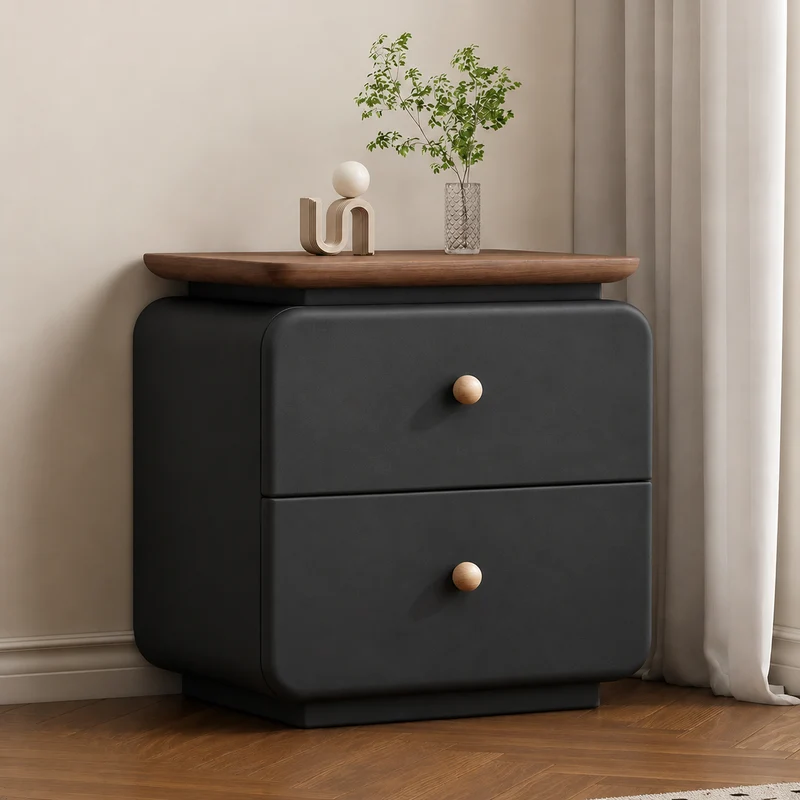 Traditional French Cat-Scratch-Resistant Leather High-Density Fiberboard Pine Wood Rounded Square Bedside Table Nightstand With 2 Drawers For Bedroom
