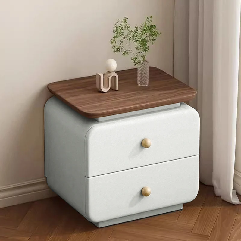Traditional French Cat-Scratch-Resistant Leather High-Density Fiberboard Pine Wood Rounded Square Bedside Table Nightstand With 2 Drawers For Bedroom