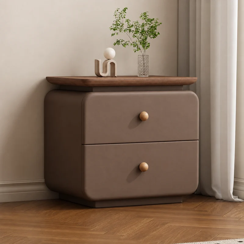 Traditional French Cat-Scratch-Resistant Leather High-Density Fiberboard Pine Wood Rounded Square Bedside Table Nightstand With 2 Drawers For Bedroom