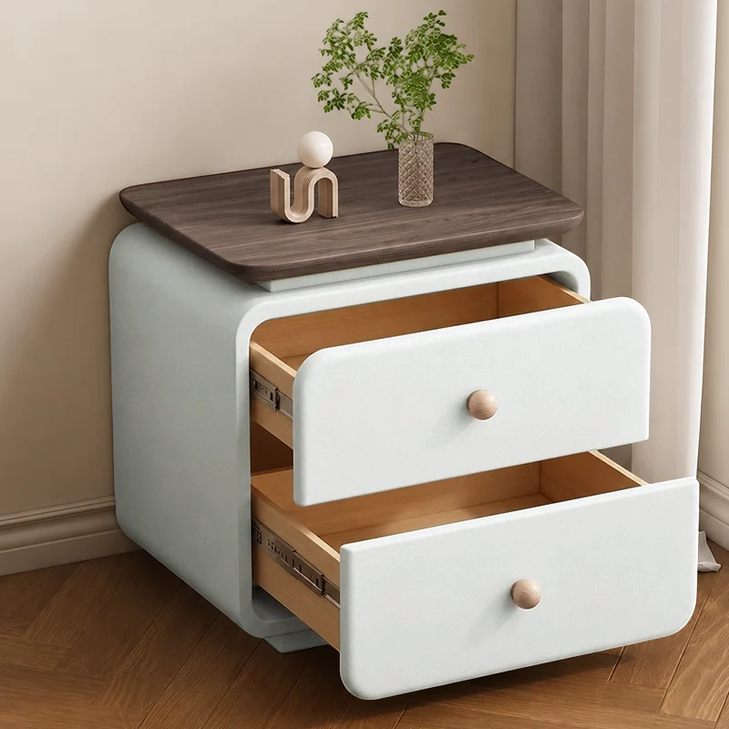 Traditional French Cat-Scratch-Resistant Leather High-Density Fiberboard Pine Wood Rounded Square Bedside Table Nightstand With 2 Drawers For Bedroom