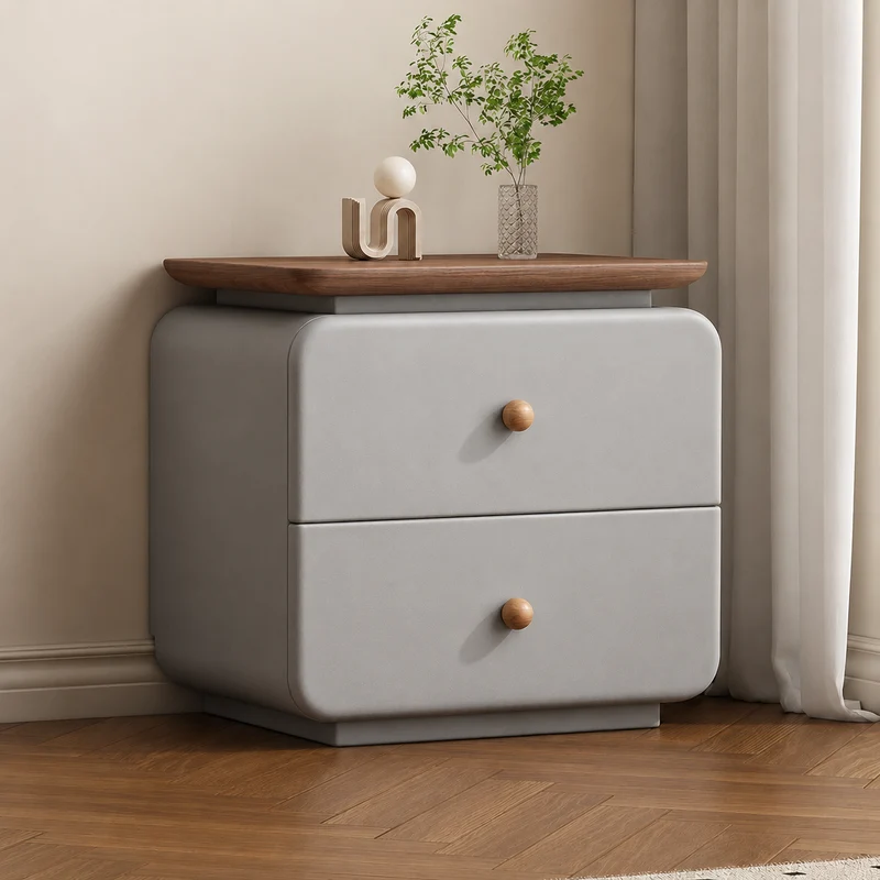 Traditional French Cat-Scratch-Resistant Leather High-Density Fiberboard Pine Wood Rounded Square Bedside Table Nightstand With 2 Drawers For Bedroom