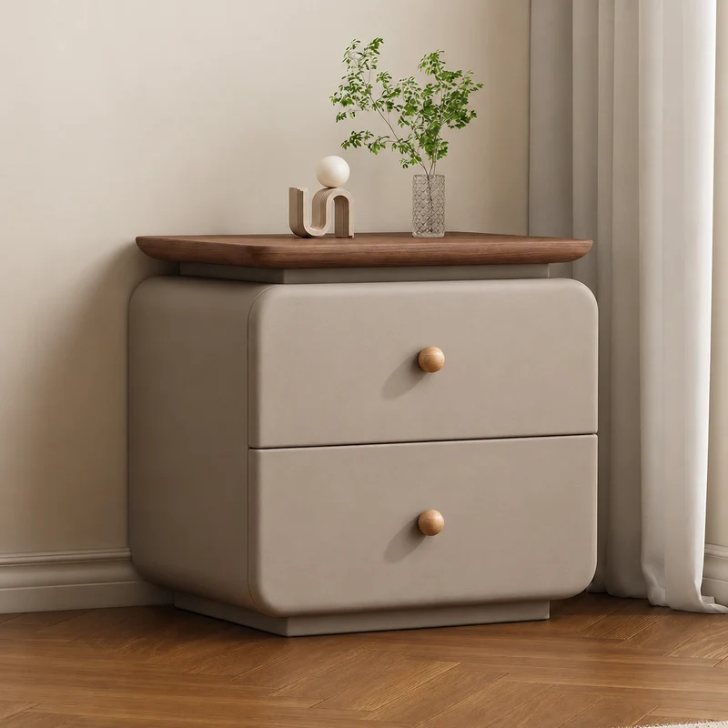Traditional French Cat-Scratch-Resistant Leather High-Density Fiberboard Pine Wood Rounded Square Bedside Table Nightstand With 2 Drawers For Bedroom