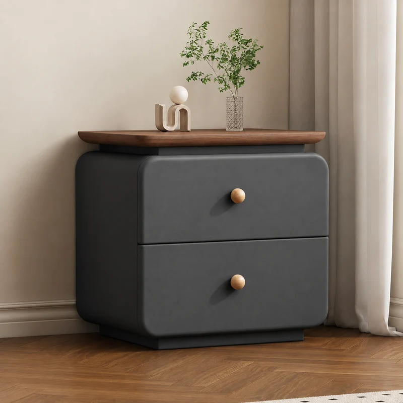 Traditional French Cat-Scratch-Resistant Leather High-Density Fiberboard Pine Wood Rounded Square Bedside Table Nightstand With 2 Drawers For Bedroom