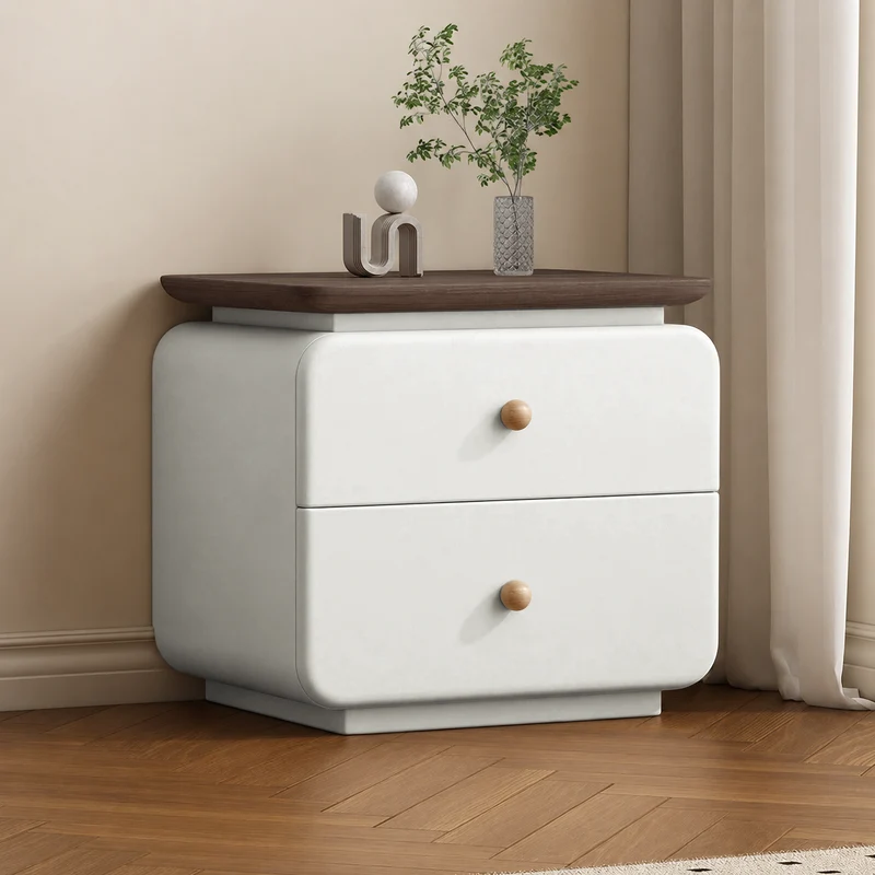 Traditional French Cat-Scratch-Resistant Leather High-Density Fiberboard Pine Wood Rounded Square Bedside Table Nightstand With 2 Drawers For Bedroom