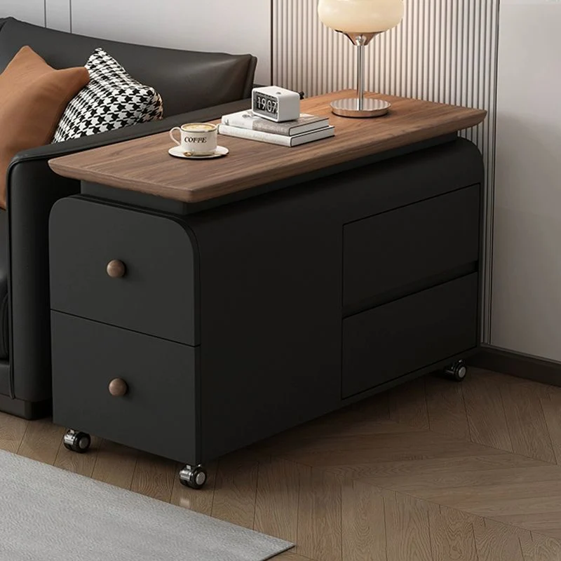 Contemporary Scandinavian Cat-Scratch-Resistant Leather Pine Wood Rounded Side Table With 4 Drawers For Living Room
