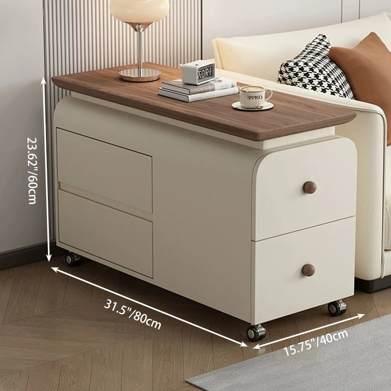 Contemporary Scandinavian Cat-Scratch-Resistant Leather Pine Wood Rounded Side Table With 4 Drawers For Living Room