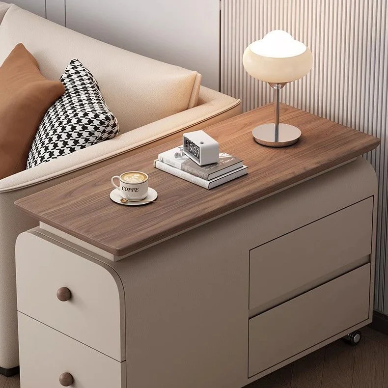 Contemporary Scandinavian Cat-Scratch-Resistant Leather Pine Wood Rounded Side Table With 4 Drawers For Living Room