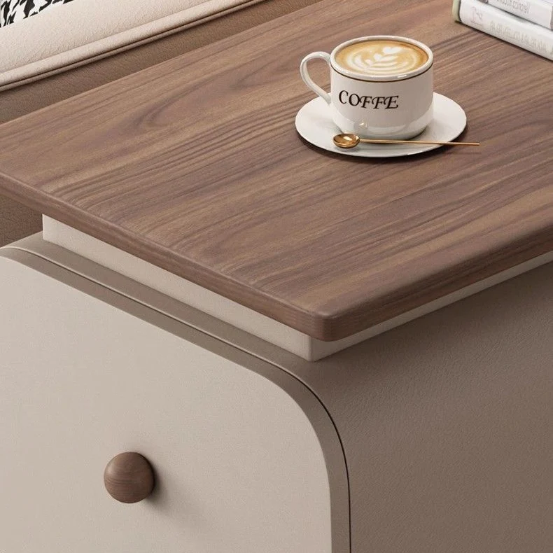 Contemporary Scandinavian Cat-Scratch-Resistant Leather Pine Wood Rounded Side Table With 4 Drawers For Living Room