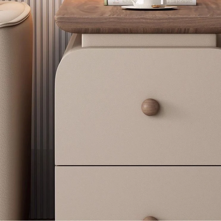 Contemporary Scandinavian Cat-Scratch-Resistant Leather Pine Wood Rounded Side Table With 4 Drawers For Living Room