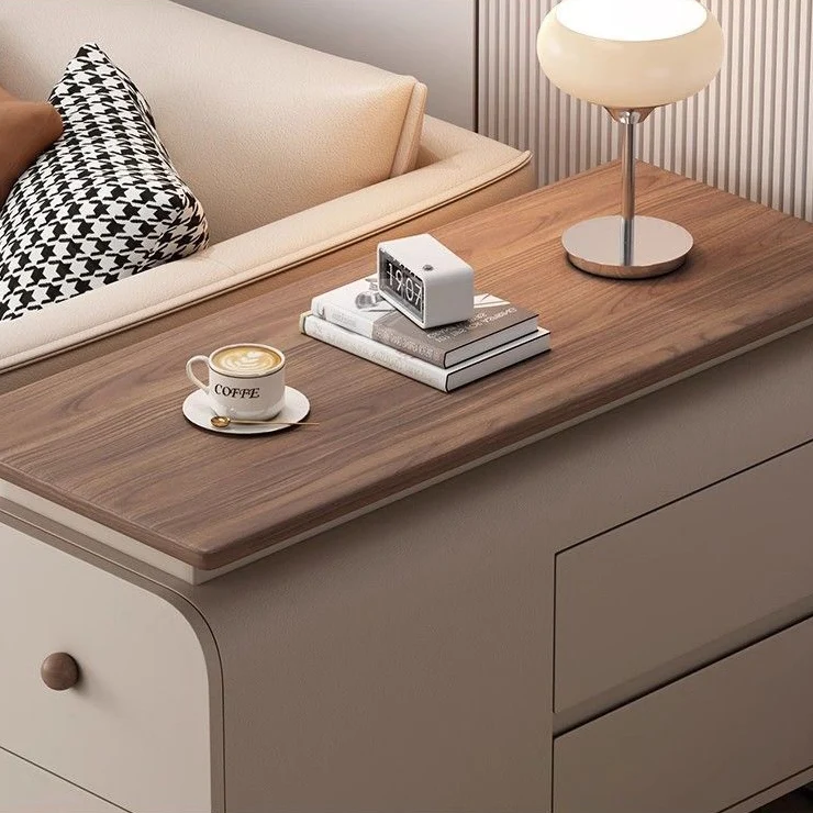 Contemporary Scandinavian Cat-Scratch-Resistant Leather Pine Wood Rounded Side Table With 4 Drawers For Living Room