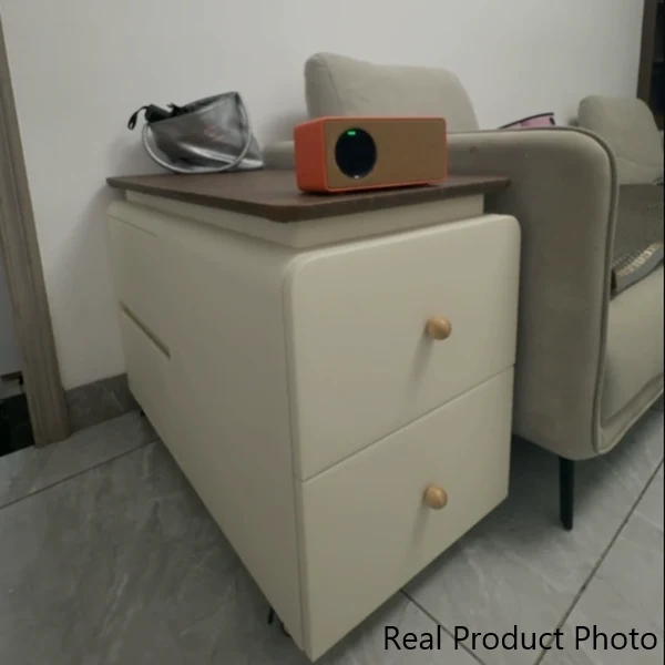 Contemporary Scandinavian Cat-Scratch-Resistant Leather Pine Wood Rounded Side Table With 4 Drawers For Living Room