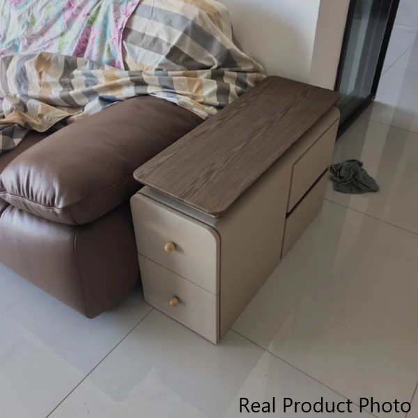 Contemporary Scandinavian Cat-Scratch-Resistant Leather Pine Wood Rounded Side Table With 4 Drawers For Living Room