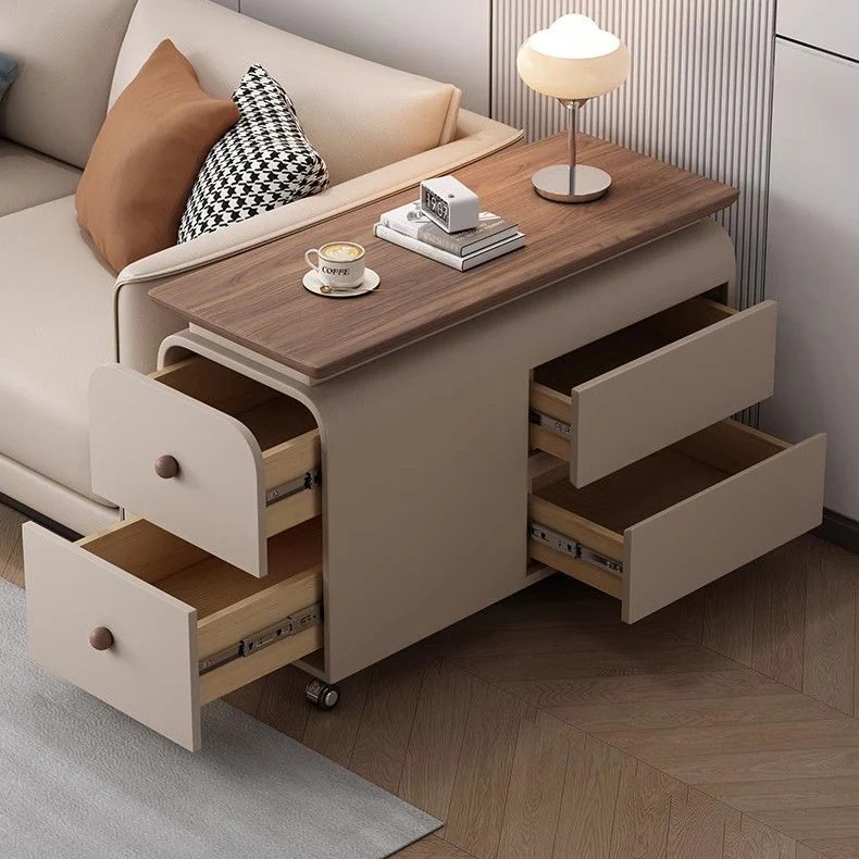 Contemporary Scandinavian Cat-Scratch-Resistant Leather Pine Wood Rounded Side Table With 4 Drawers For Living Room