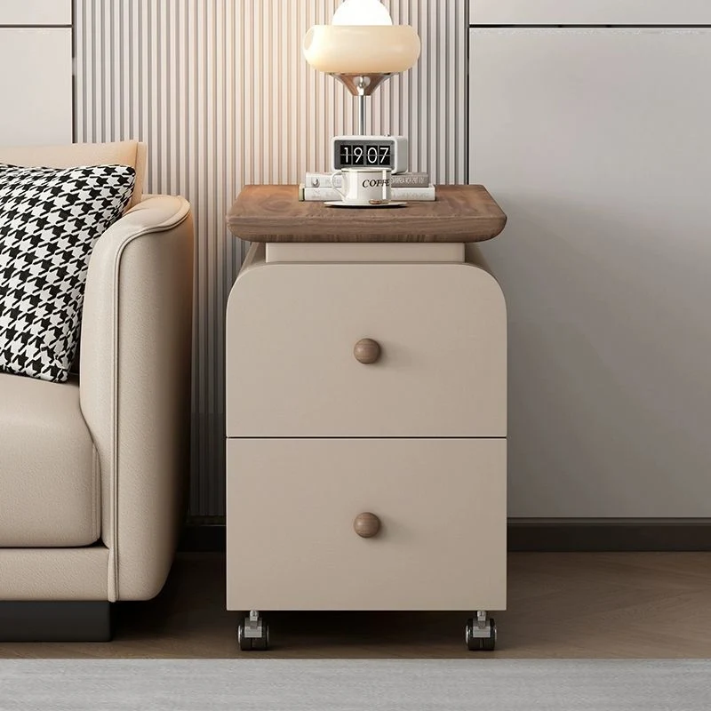 Contemporary Scandinavian Cat-Scratch-Resistant Leather Pine Wood Rounded Side Table With 4 Drawers For Living Room