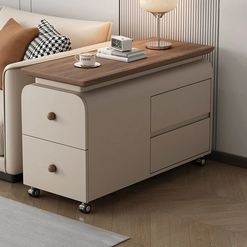 Contemporary Scandinavian Cat-Scratch-Resistant Leather Pine Wood Rounded Side Table With 4 Drawers For Living Room