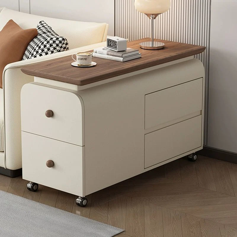 Contemporary Scandinavian Cat-Scratch-Resistant Leather Pine Wood Rounded Side Table With 4 Drawers For Living Room