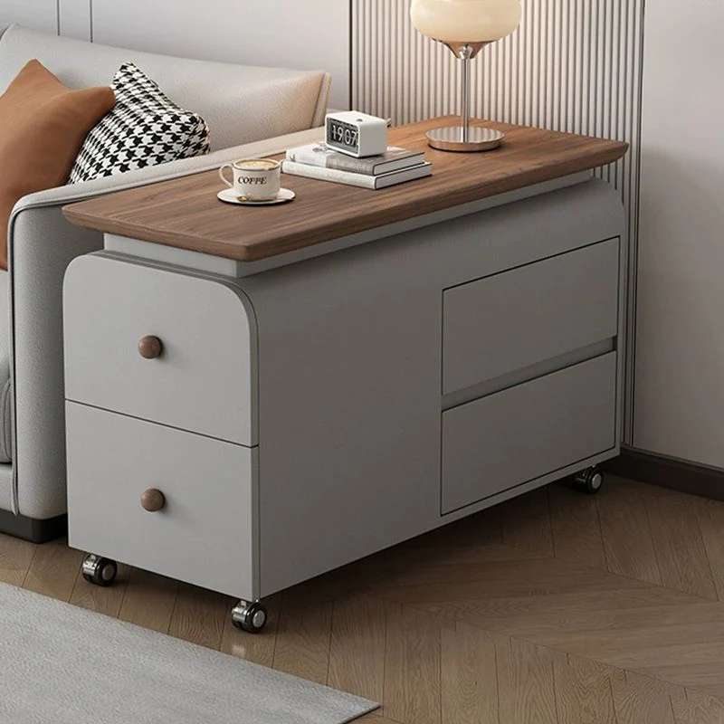 Contemporary Scandinavian Cat-Scratch-Resistant Leather Pine Wood Rounded Side Table With 4 Drawers For Living Room
