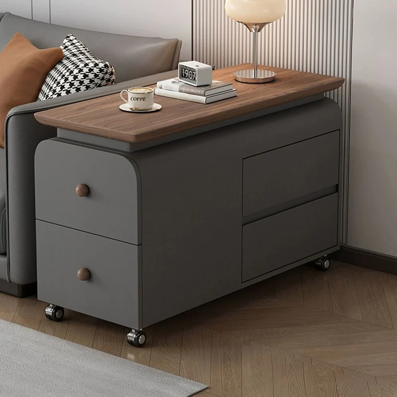 Contemporary Scandinavian Cat-Scratch-Resistant Leather Pine Wood Rounded Side Table With 4 Drawers For Living Room