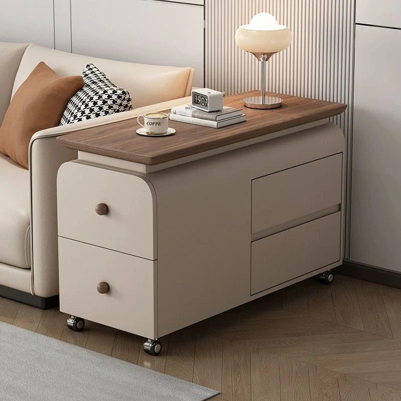 Contemporary Scandinavian Cat-Scratch-Resistant Leather Pine Wood Rounded Side Table With 4 Drawers For Living Room