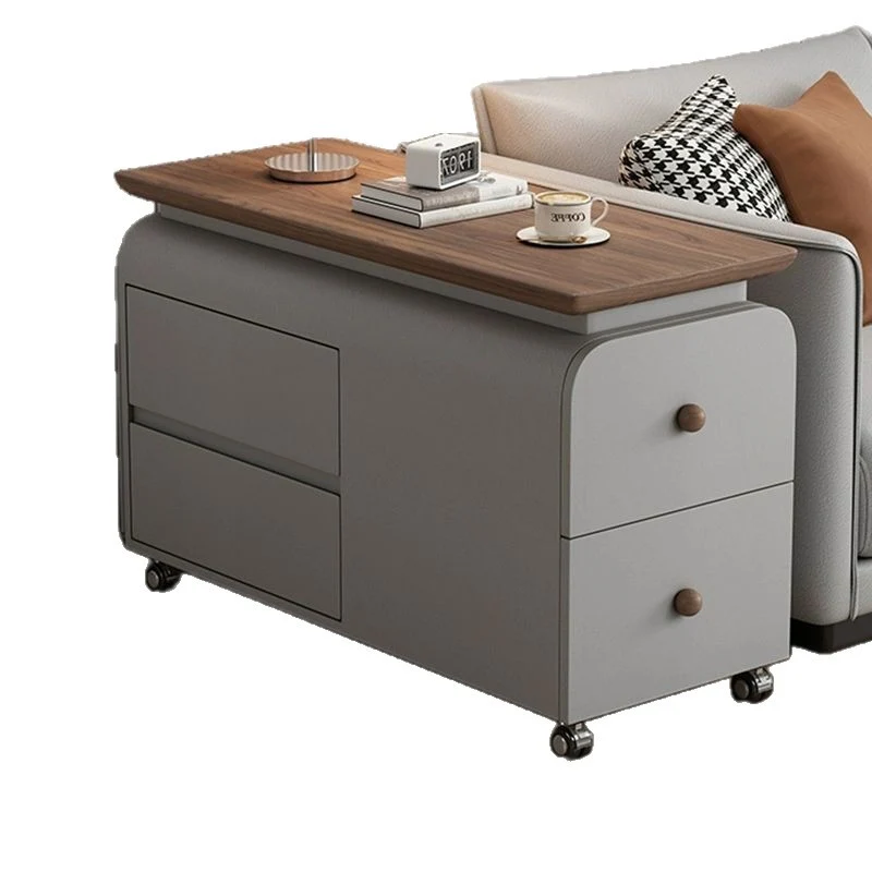 Contemporary Scandinavian Cat-Scratch-Resistant Leather Pine Wood Rounded Side Table With 4 Drawers For Living Room