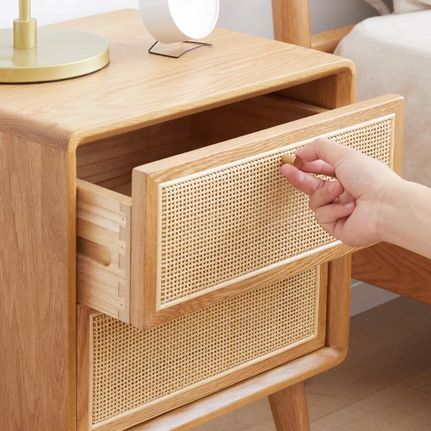 Traditional Chinese Pine Wood & Rattan Rounded Square Nightstand With 2 Drawers For Bedroom