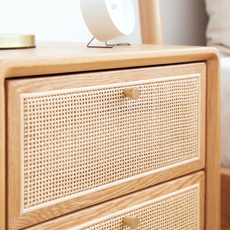 Traditional Chinese Pine Wood & Rattan Rounded Square Nightstand With 2 Drawers For Bedroom