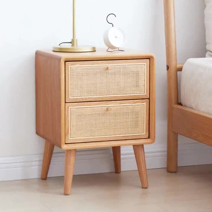 Traditional Chinese Pine Wood & Rattan Rounded Square Nightstand With 2 Drawers For Bedroom