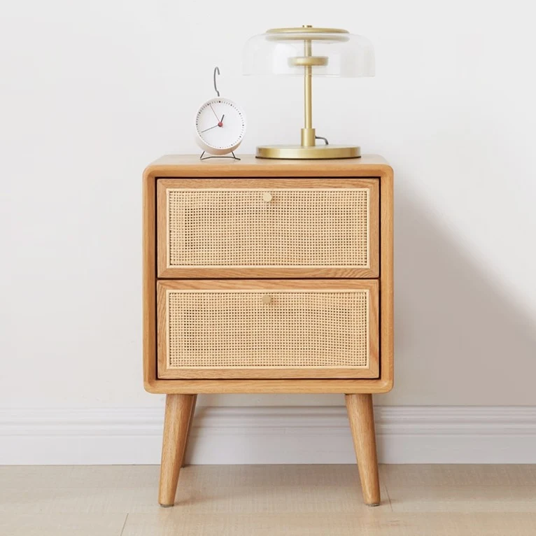 Traditional Chinese Pine Wood & Rattan Rounded Square Nightstand With 2 Drawers For Bedroom