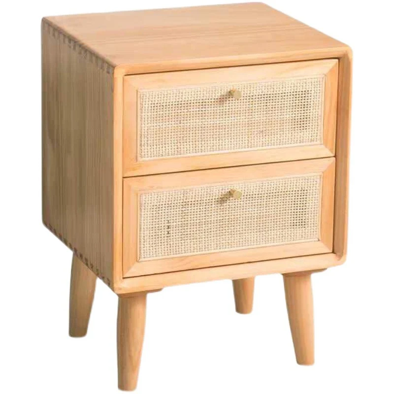 Traditional Chinese Pine Wood & Rattan Rounded Square Nightstand With 2 Drawers For Bedroom