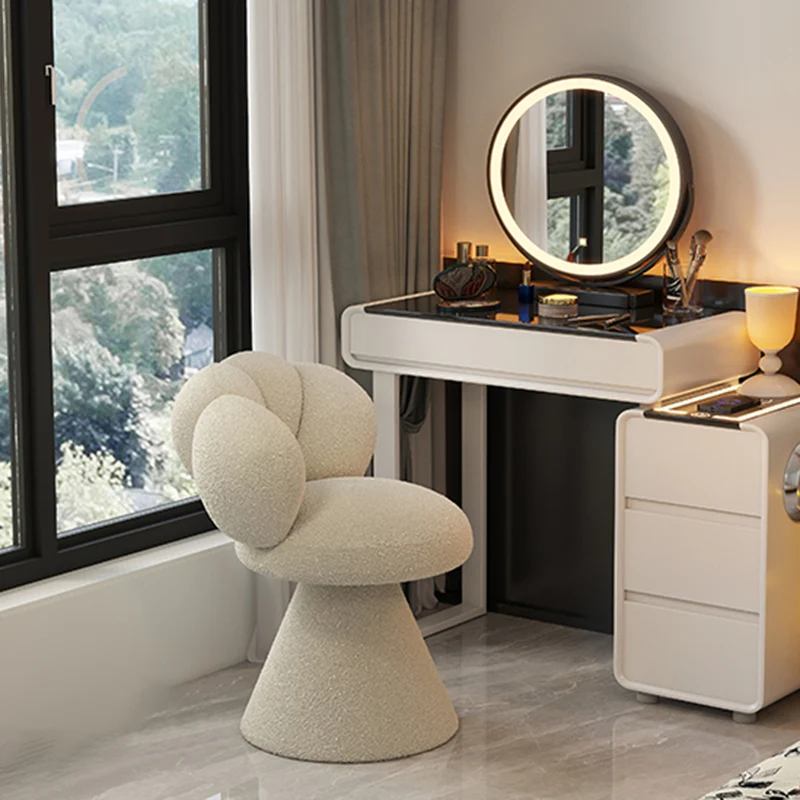 Contemporary Creative Metal Solid Wood & Plywood Sherpa Fabric Petal Vanity Stool With Backrest & Swivel For Bedroom