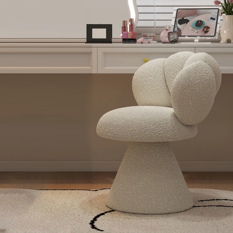 Contemporary Creative Metal Solid Wood & Plywood Sherpa Fabric Petal Vanity Stool With Backrest & Swivel For Bedroom