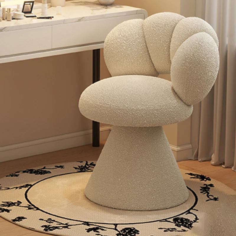 Contemporary Creative Metal Solid Wood & Plywood Sherpa Fabric Petal Vanity Stool With Backrest & Swivel For Bedroom
