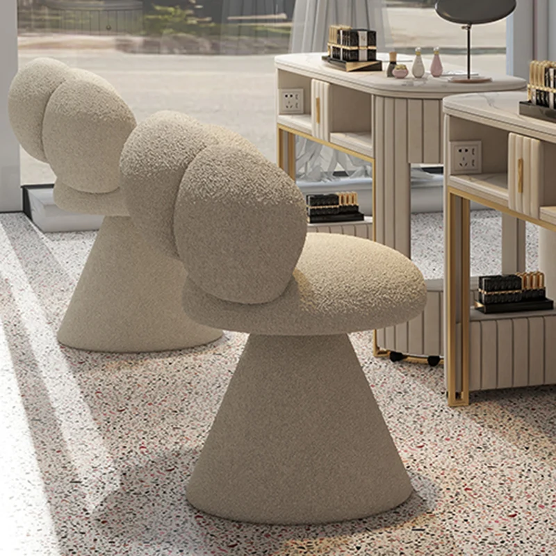 Contemporary Creative Metal Solid Wood & Plywood Sherpa Fabric Petal Vanity Stool With Backrest & Swivel For Bedroom