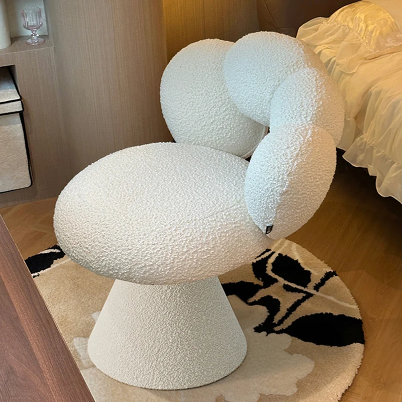 Contemporary Creative Metal Solid Wood & Plywood Sherpa Fabric Petal Vanity Stool With Backrest & Swivel For Bedroom