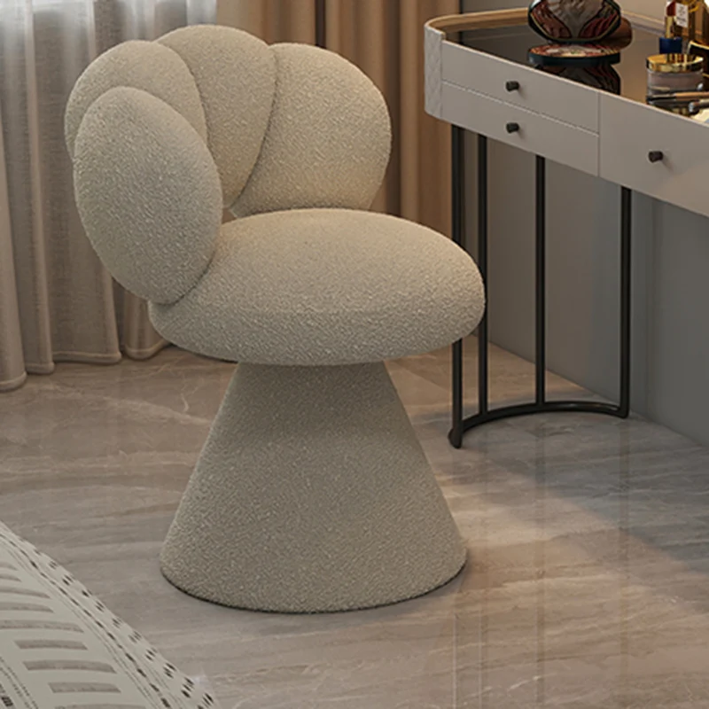 Contemporary Creative Metal Solid Wood & Plywood Sherpa Fabric Petal Vanity Stool With Backrest & Swivel For Bedroom
