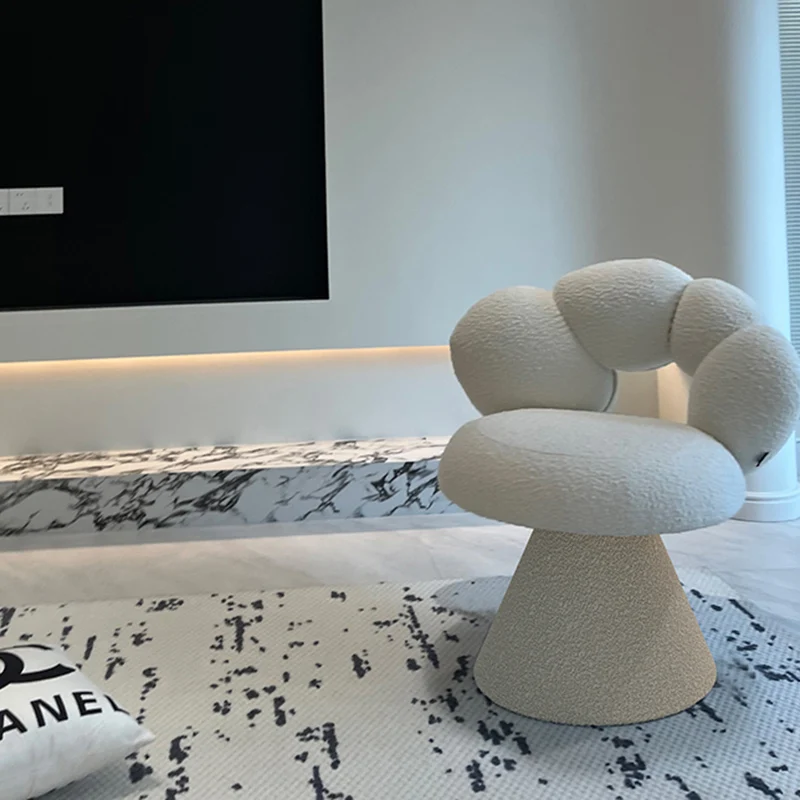 Contemporary Creative Metal Solid Wood & Plywood Sherpa Fabric Petal Vanity Stool With Backrest & Swivel For Bedroom