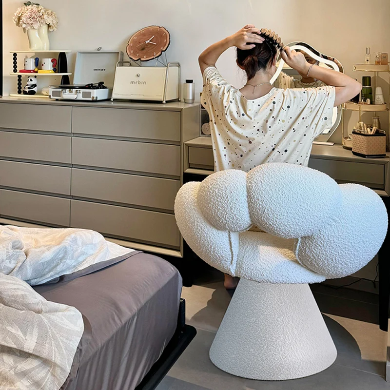 Contemporary Creative Metal Solid Wood & Plywood Sherpa Fabric Petal Vanity Stool With Backrest & Swivel For Bedroom