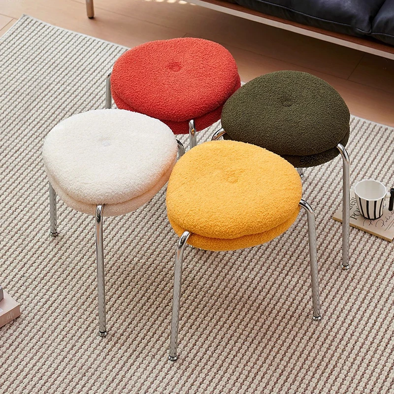 Modern Minimalist Rounded-edge Sherpa Fabric Metal Vanity Stool With Double-layer Cushion For Bedroom
