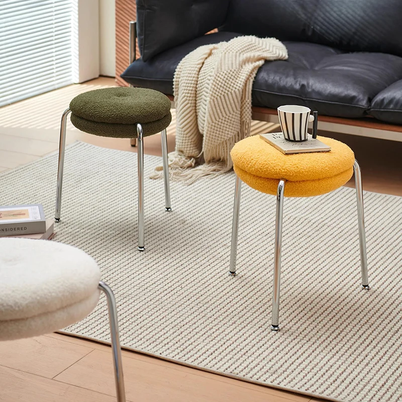 Modern Minimalist Rounded-edge Sherpa Fabric Metal Vanity Stool With Double-layer Cushion For Bedroom