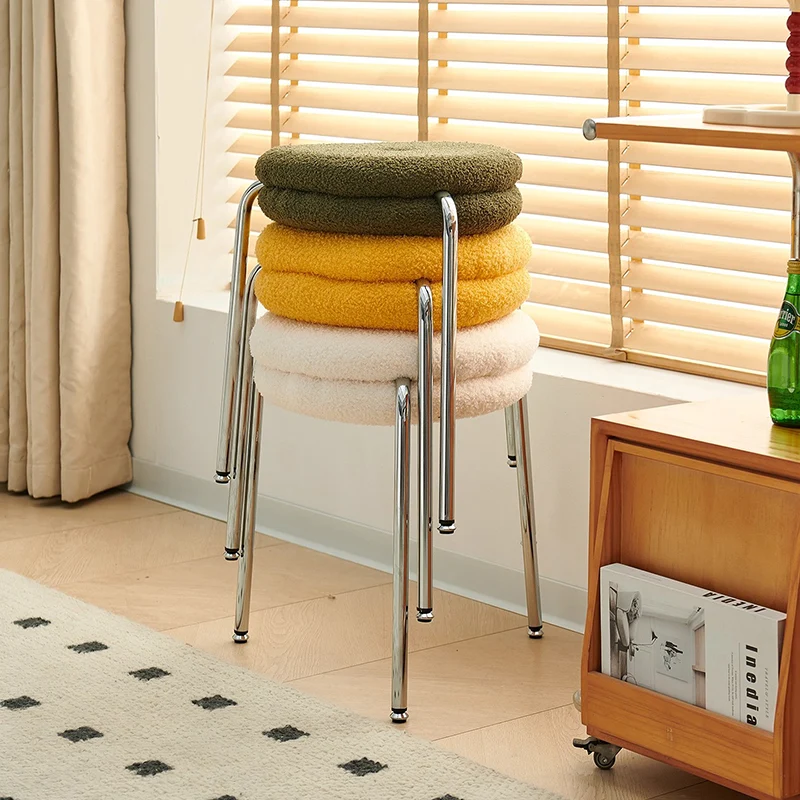 Modern Minimalist Rounded-edge Sherpa Fabric Metal Vanity Stool With Double-layer Cushion For Bedroom