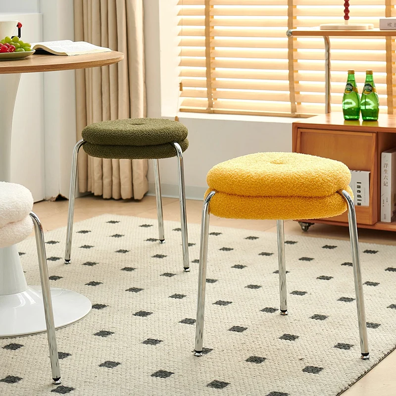 Modern Minimalist Rounded-edge Sherpa Fabric Metal Vanity Stool With Double-layer Cushion For Bedroom