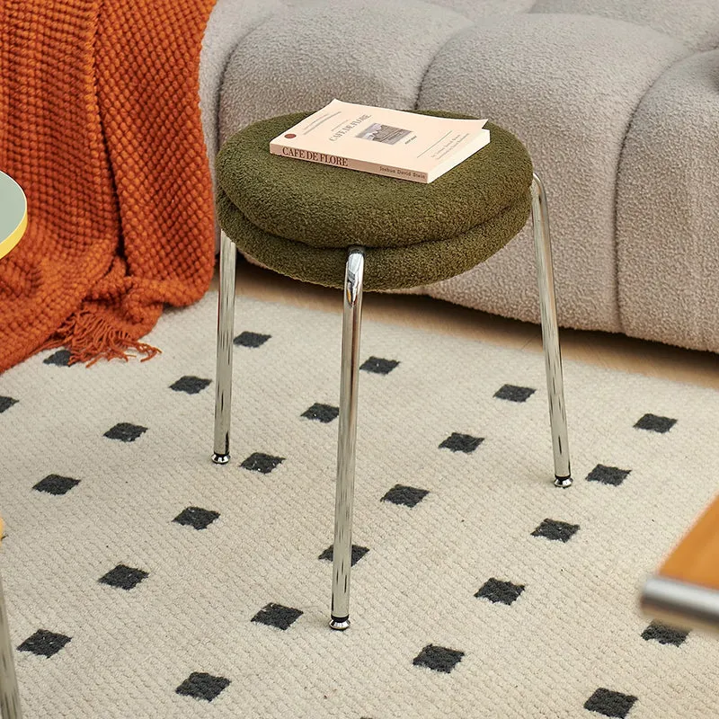 Modern Minimalist Rounded-edge Sherpa Fabric Metal Vanity Stool With Double-layer Cushion For Bedroom