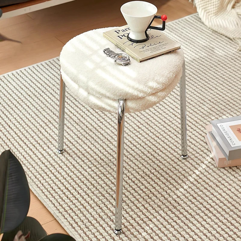 Modern Minimalist Rounded-edge Sherpa Fabric Metal Vanity Stool With Double-layer Cushion For Bedroom