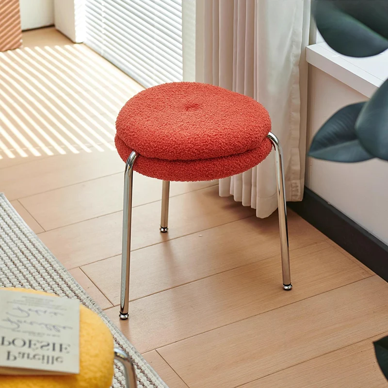 Modern Minimalist Rounded-edge Sherpa Fabric Metal Vanity Stool With Double-layer Cushion For Bedroom