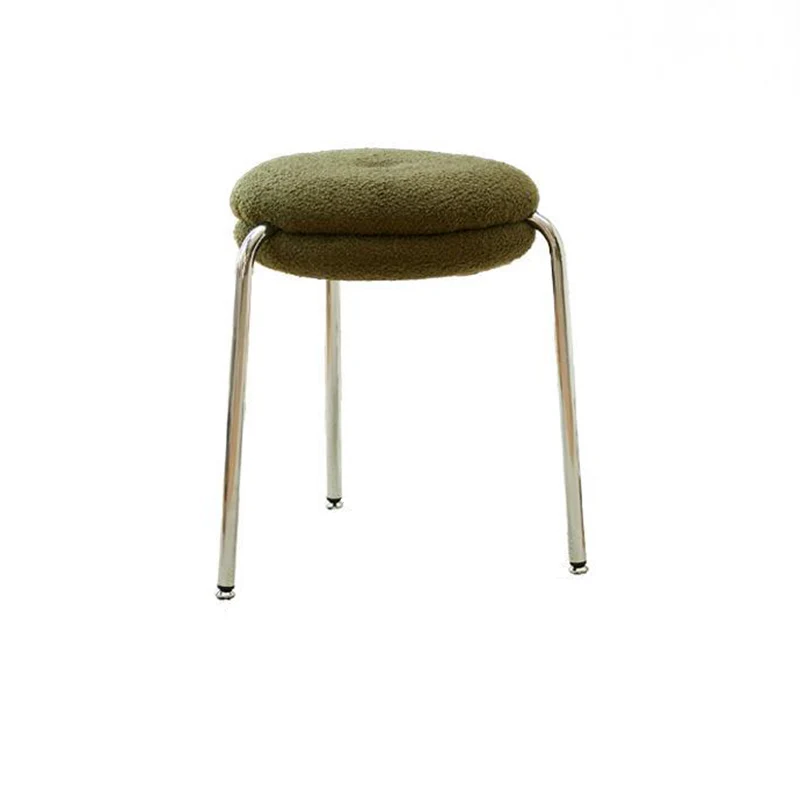 Modern Minimalist Rounded-edge Sherpa Fabric Metal Vanity Stool With Double-layer Cushion For Bedroom