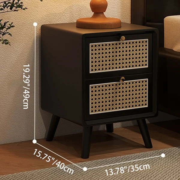 Traditional Chinese Rubberwood Rattan Rounded Square Nightstand 2-Drawer For Bedroom