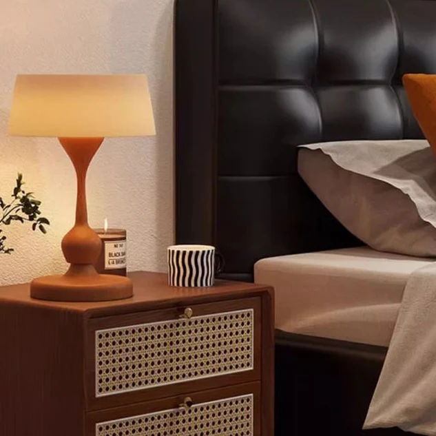 Traditional Chinese Rubberwood Rattan Rounded Square Nightstand 2-Drawer For Bedroom